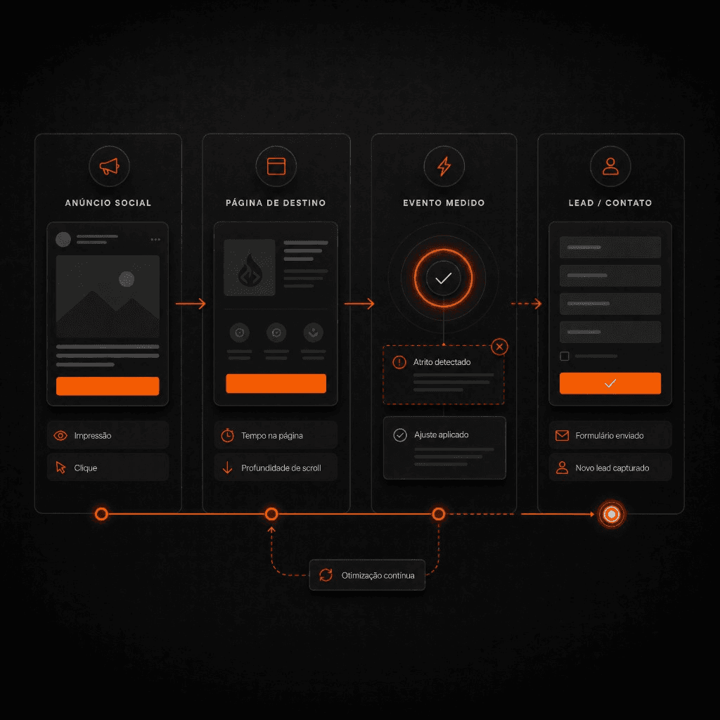 Fluxo visual conectando anúncio, landing page, evento medido e lead.