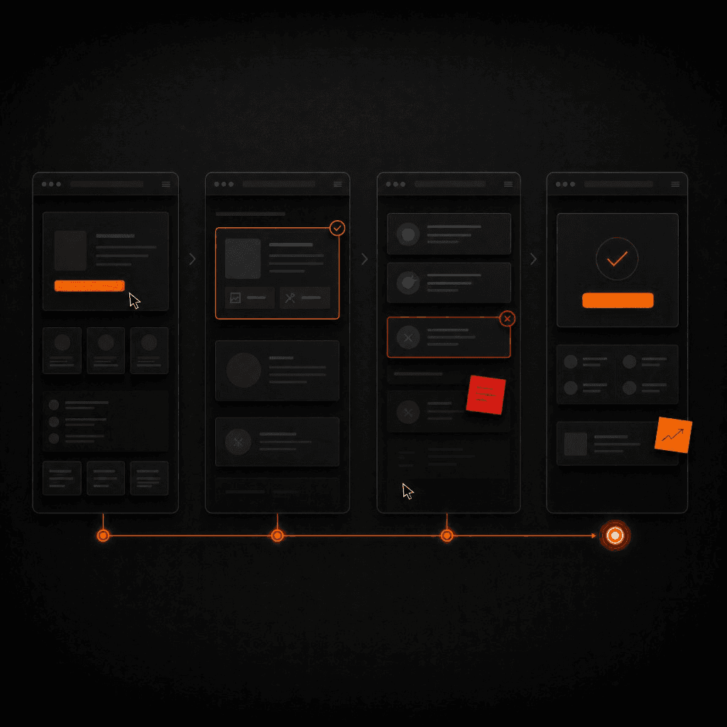Jornada visual de uma landing page passando por entrada, proposta, benefício e chamada para ação.