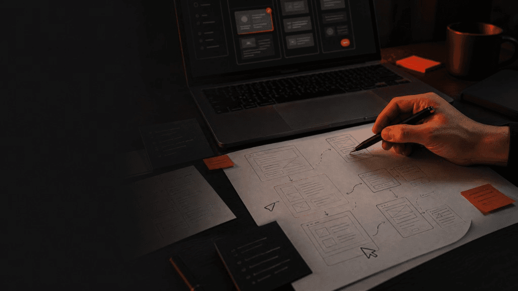 Pessoa revisando wireframes e fluxo de produto digital em um ambiente de trabalho.