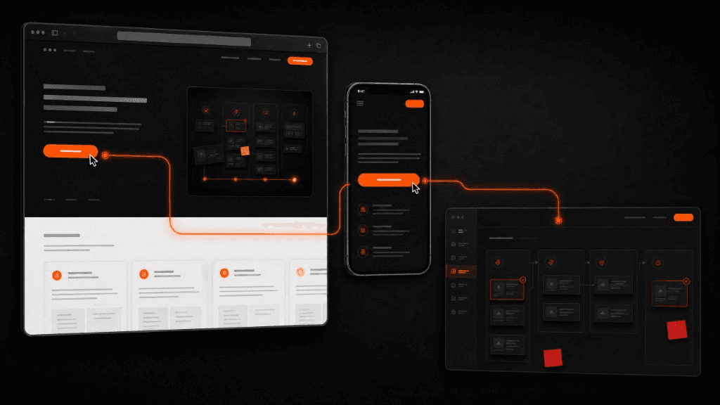 Browser, aplicativo mobile e web app conectados por um fluxo digital.